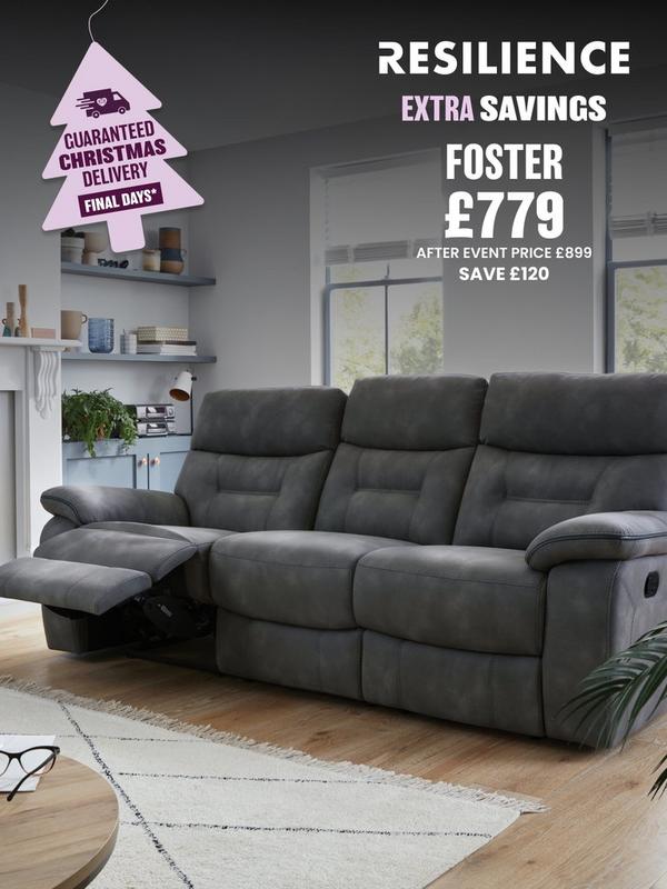 dark grey fabric recliner sofa next to fireplace