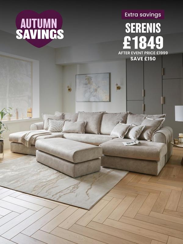 oatmeal colour fabric double end chaise sofa with scatter cushions