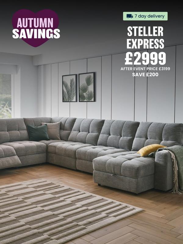 Grey corner sofa with recliner function and footstool 