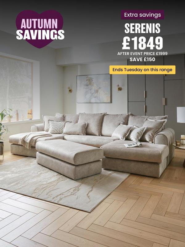oatmeal colour fabric double end chaise sofa with scatter cushions