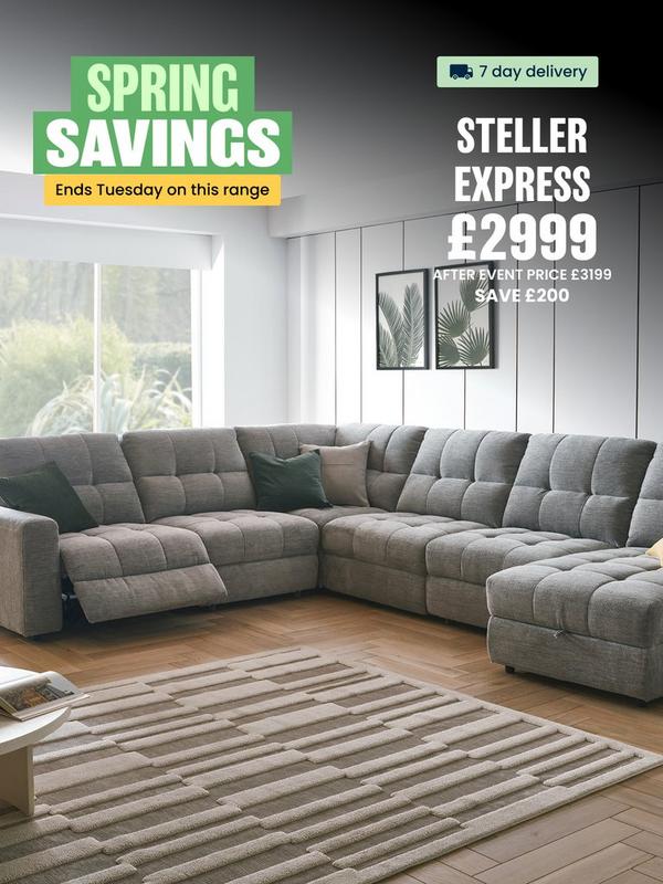 Grey corner sofa with recliner function and footstool 