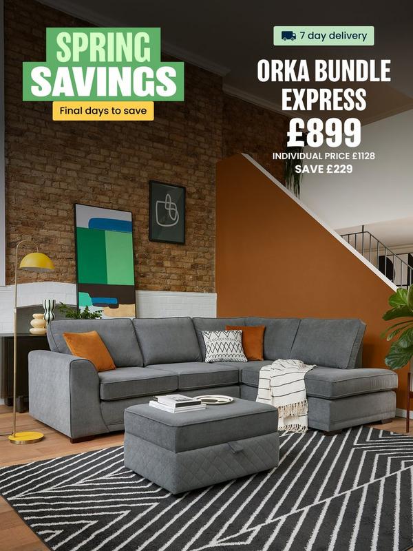 grey fabric corner sofa with mustard scatter cushions