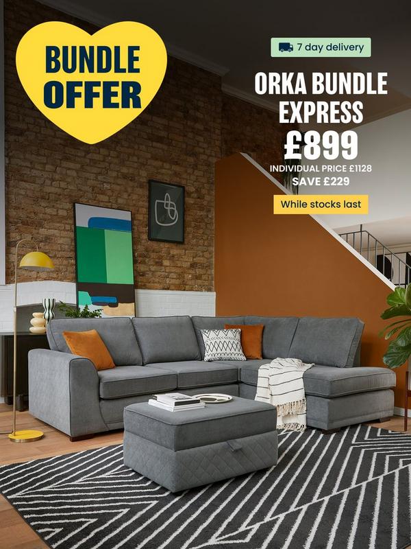 grey fabric corner sofa with mustard scatter cushions