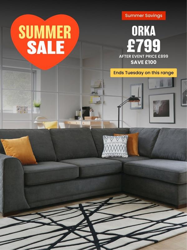 grey fabric corner sofa with mustard scatter cushions