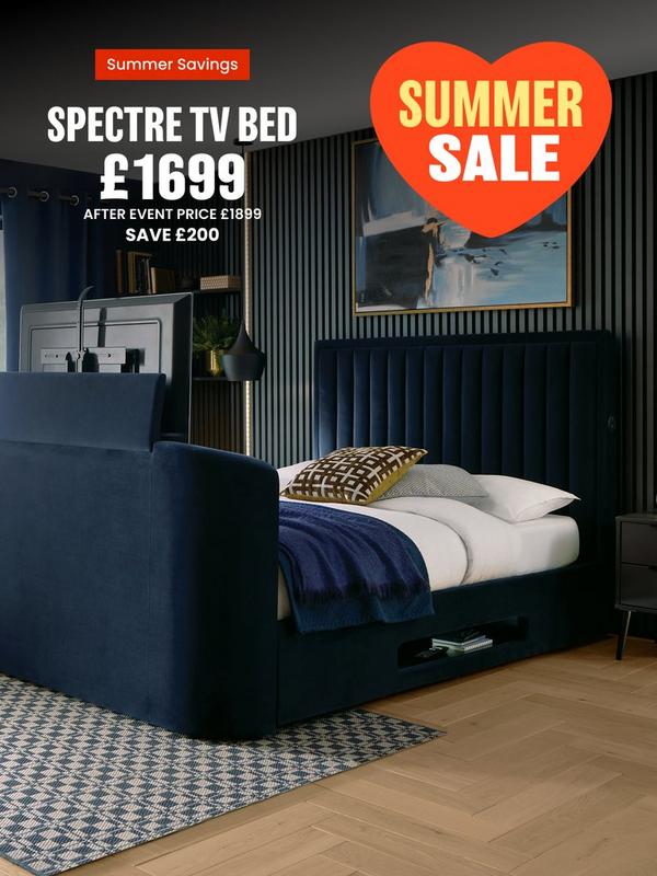 Dark navy tv bed frame with seam detail on headboard