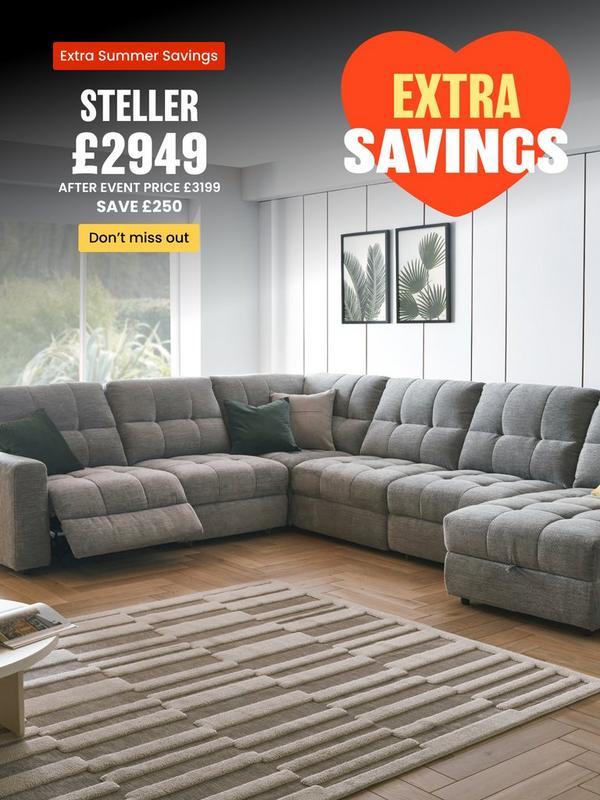 Grey corner sofa with recliner function and footstool 