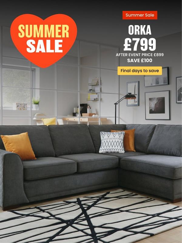 grey fabric corner sofa with mustard scatter cushions