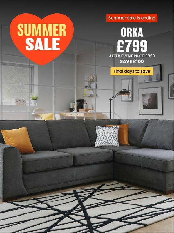 grey fabric corner sofa with mustard scatter cushions