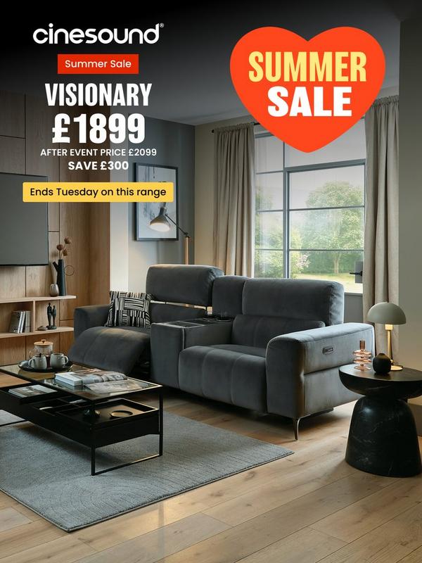 Dark grey velvet reclining sofa with touch screen panel feature