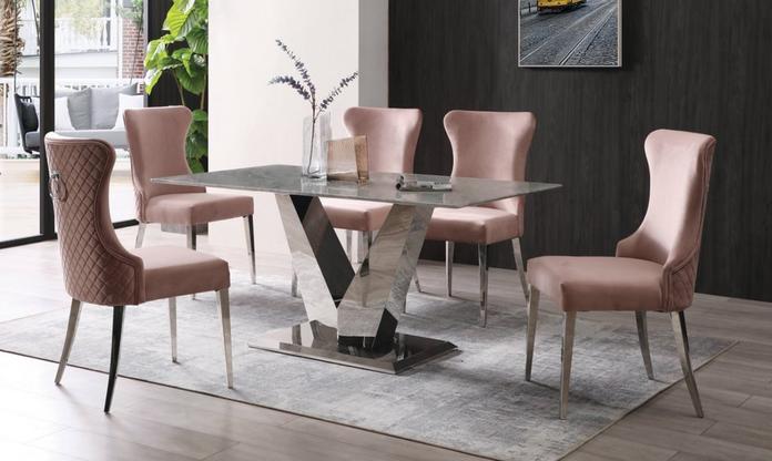 Luann Pink Dining Chairs Around a Modern Chrome Dining Table
