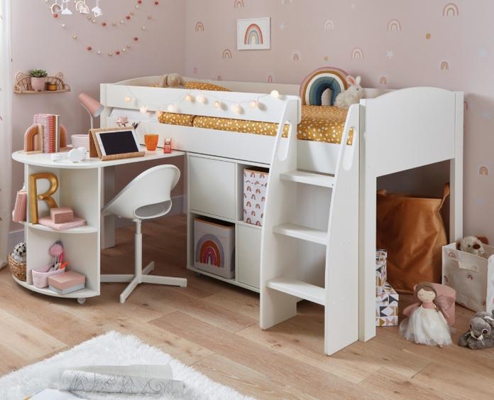 Mid sleeper bed in white with a pull out desk and shelving underneath in a pink rainbow themed bedroom