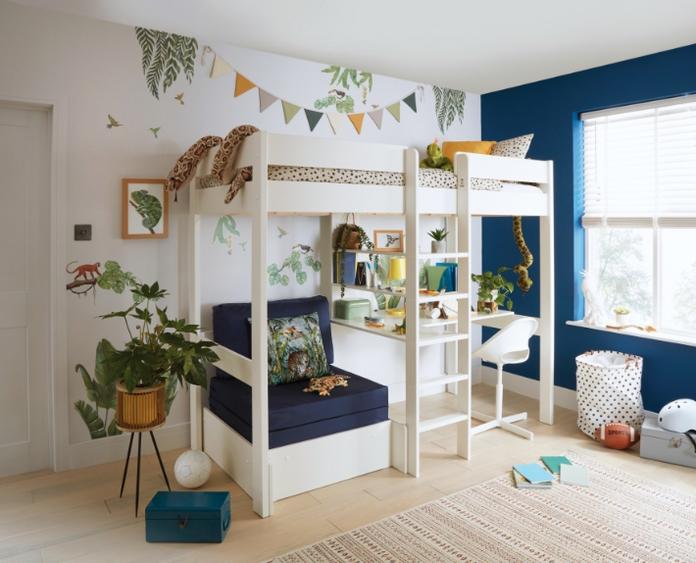 High sleeper bed with a pull out bed and desk underneath in a jungle themed bedroom