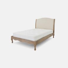 wooden bed frame with fabric headboard