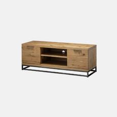 wooden tv stand with two shelves and black legs 