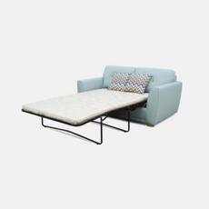 Sky blue sofa bed shown open with scatter cushions