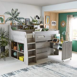Grey wood effect mid sleeper with shelves, drawers and a pull out desk in a childs bedroom jungle wallpaper