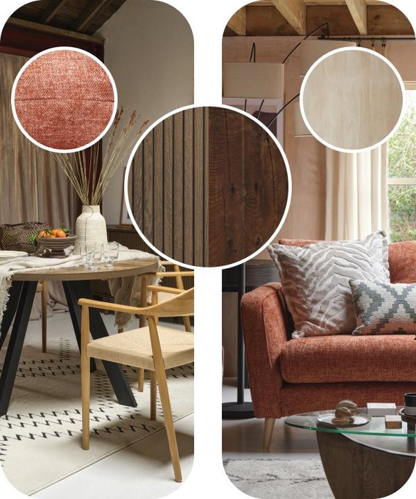 A moodboard of coral and zebra print sofa and a oak dining table and chairs with dark wood sideboard