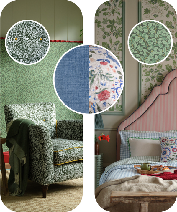 A moodboard showcasing a blue fabric sofa, a green floral pattern accent chair and a pink bed with blue stripy bedding