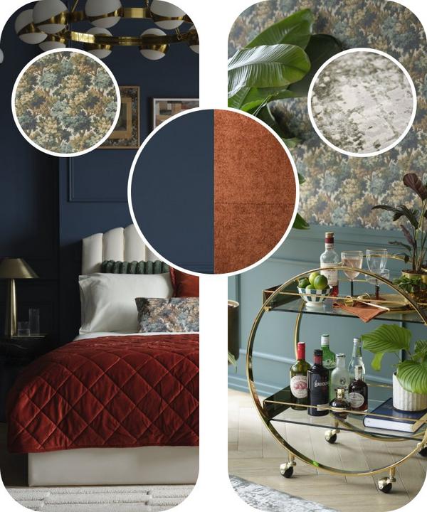 A moodboard of a boucle bed with a red throw, gold round bar trolley and a rust coloured curved sofa