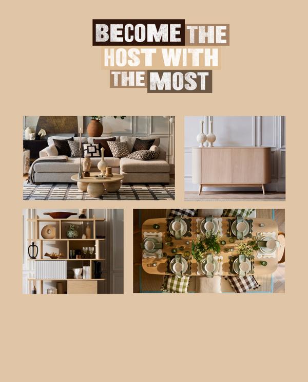 Wooden shelving unit, bookshelves and dining table with a cream u shaped sofa