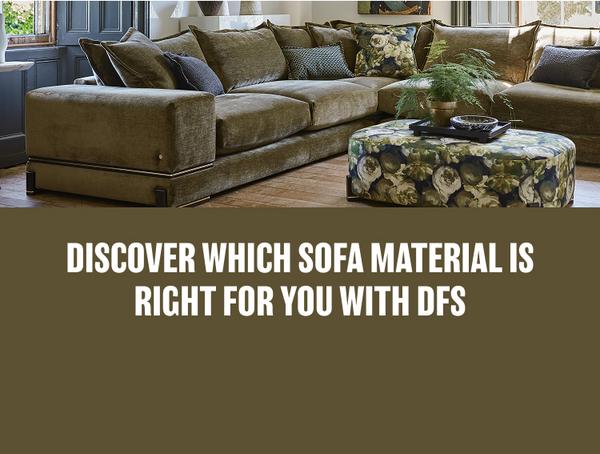 dark green chenille corner sofa with a floral footstool with patterned scatters