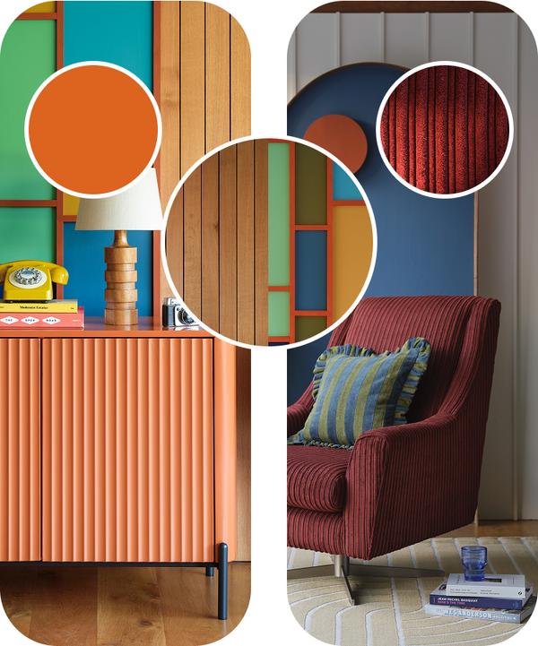 A moodboard of a colourful living space with bright orange sideboard, red corded swivel chair and bright blue sofa