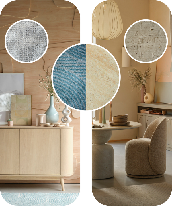 A moodboard of a cream corner sofa in a light and neutral themed room