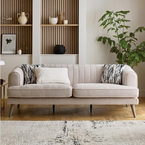 Taupe coloured sofa with low back and wooden feet