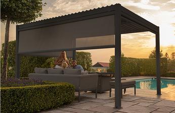 Large grey pergola with adjustable blinds and led lighting