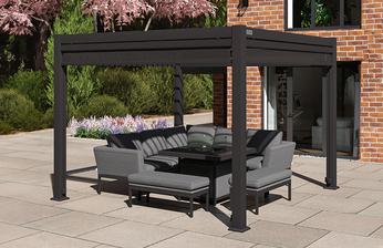 Square grey pergola with adjustable blinds and tilting roof