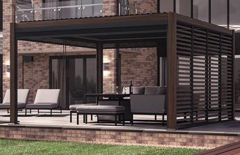 Large wood pergola with adjustable blinds and tilting roof