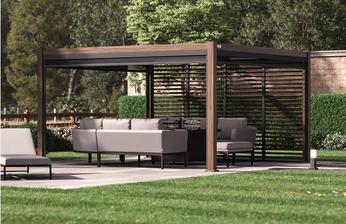 Square wood pergola with adjustable blinds and tilting roof
