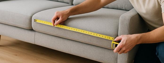 close up of a man measuring the length of a sofa