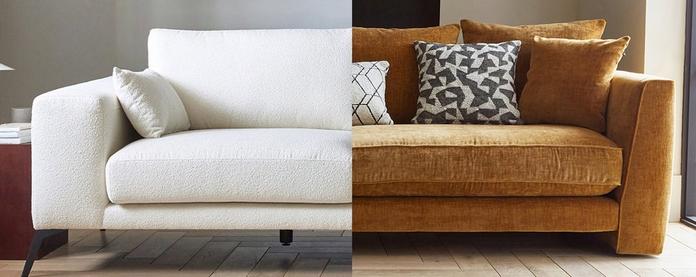 close up of a white boucle sofa and a brown cheille sofa