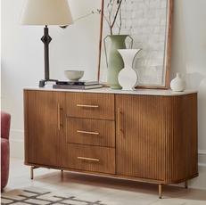 dark wood panel sideboard with gold handles