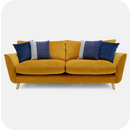 Yellow mid century sofa with wooden legs and blue patterned cushions