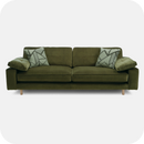 Green mid century sofa with wooden legs and patterned scatter cushions