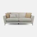Grey fabric mid century sofa with yellow cushions and metal legs