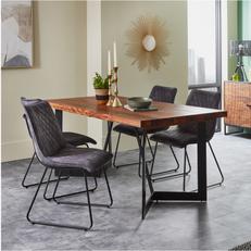 Dark wood dining table with gun mental legs with dark grey leather dining chairs