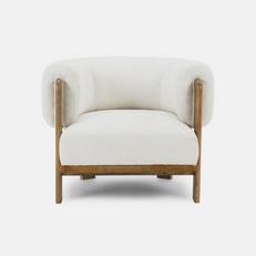 white boucle accent chair with oak frame