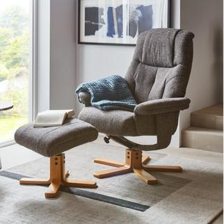 Dark grey swivel chair with matching footstool with wooden base 