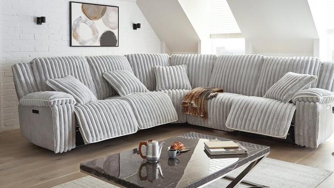 Light grey fluffy fabric power recliner corner sofa 