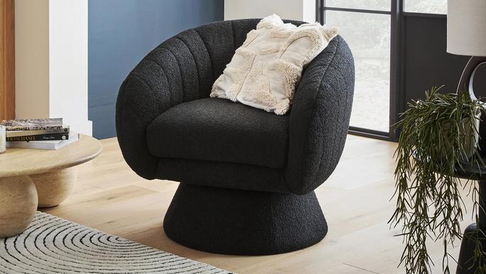 black boucle swivel tub chair