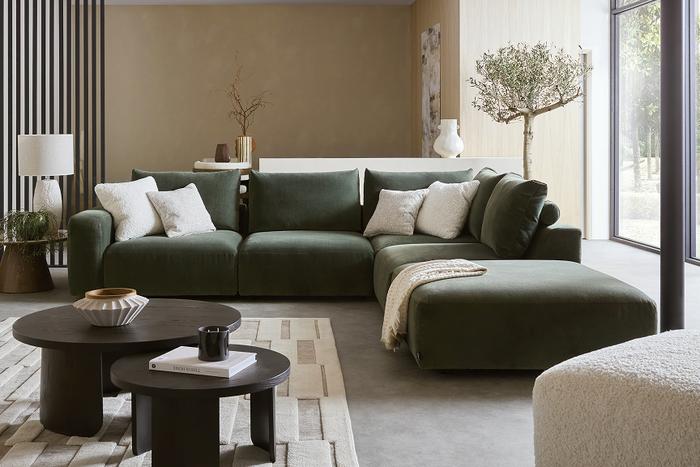 Grand Designs Mova modular sofa in green in a corner chaise configuration