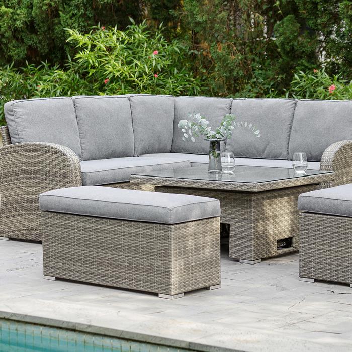 Grey corner sofa set with rising table
