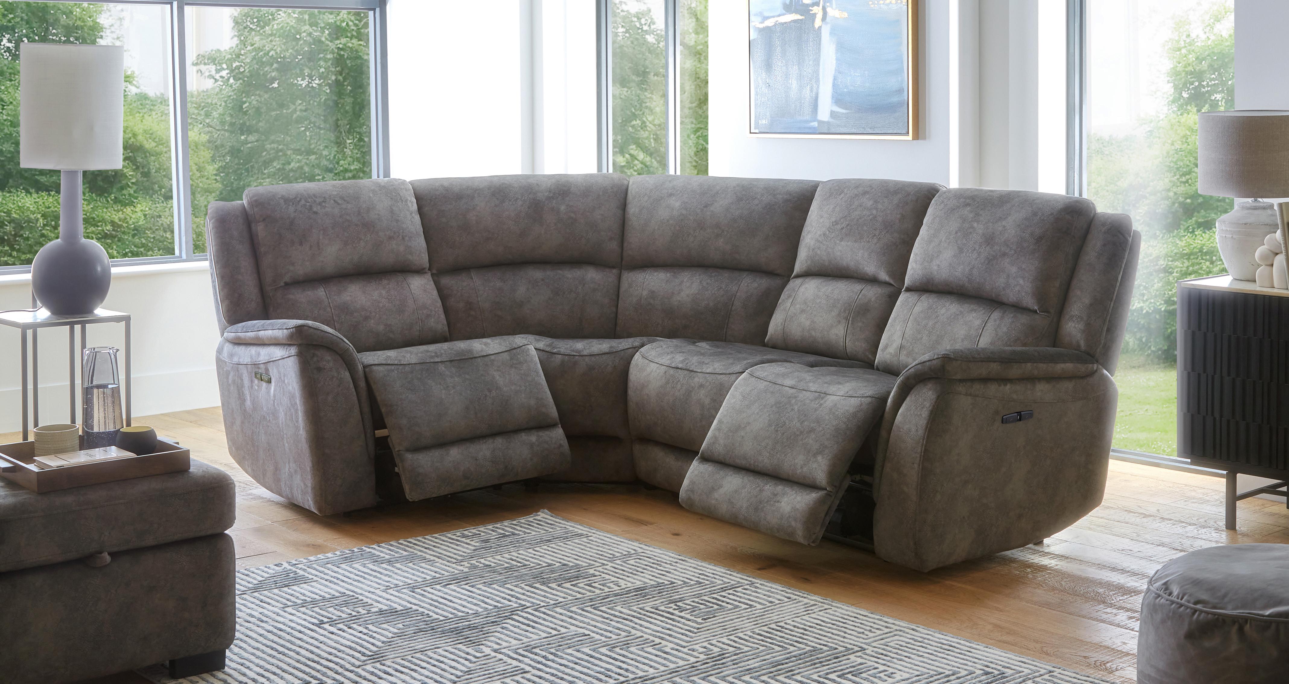 Declan-corner-clearance Corner Sofa, Chair and Footstool in Mayson Grey Clearance Grey