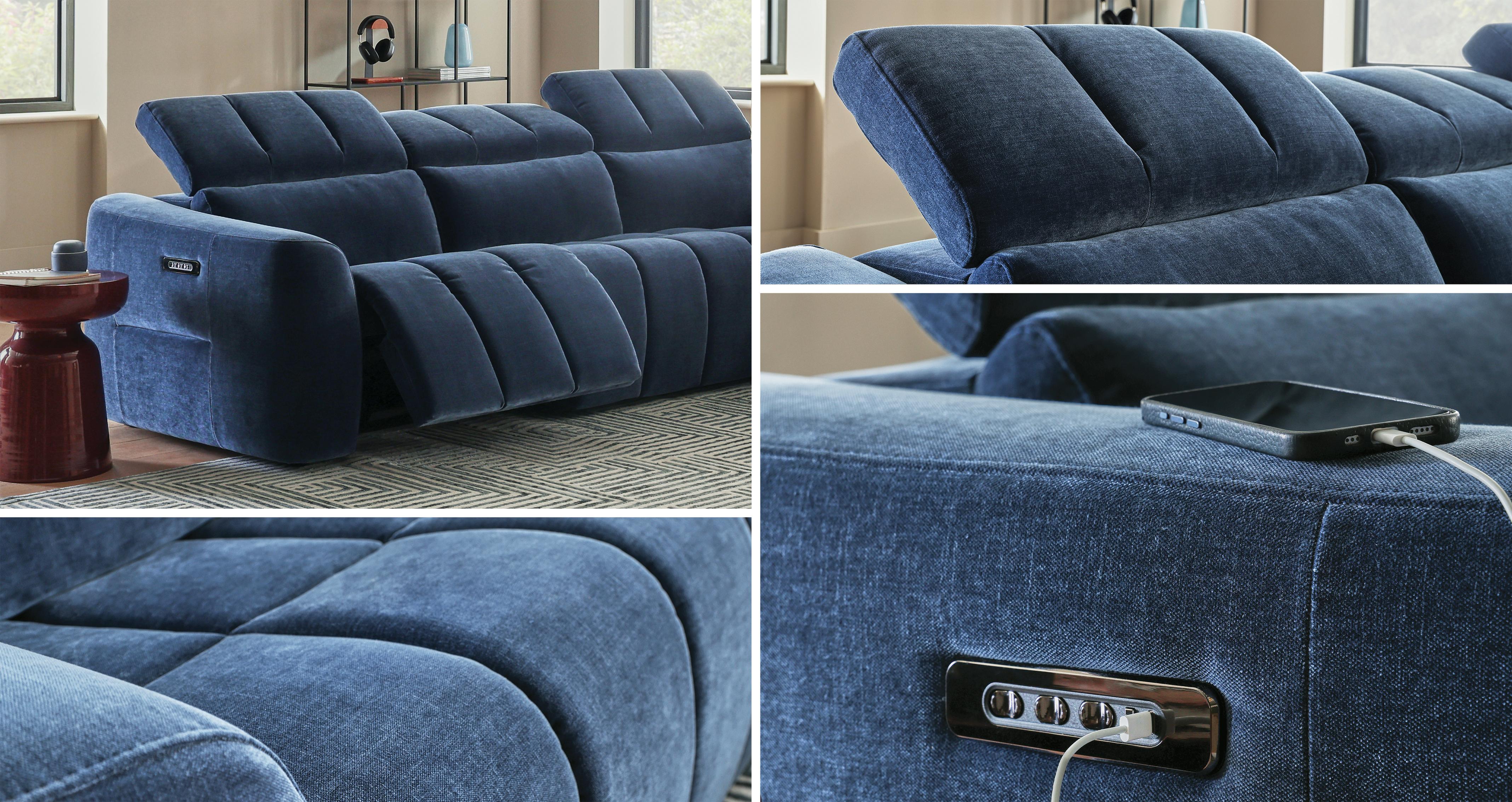 Elina-express Left Hand Facing Arm Open End 2 Corner 1 Power Recliner With Lumbar and Power Headrests in Elina Express Fabric Denim