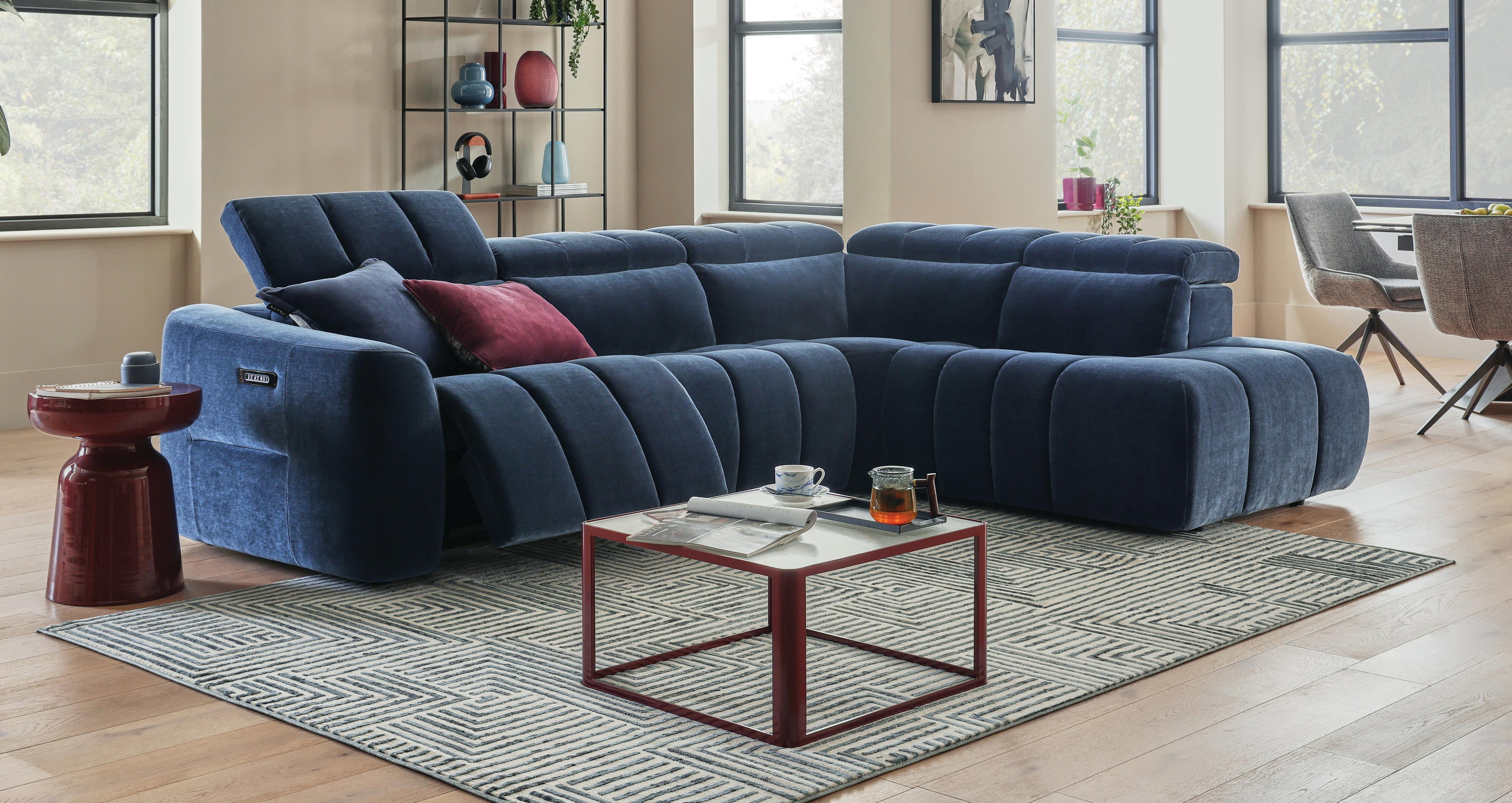 Elina-express Left Hand Facing Arm Open End 2 Corner 1 Power Recliner With Lumbar and Power Headrests in Elina Express Fabric Denim