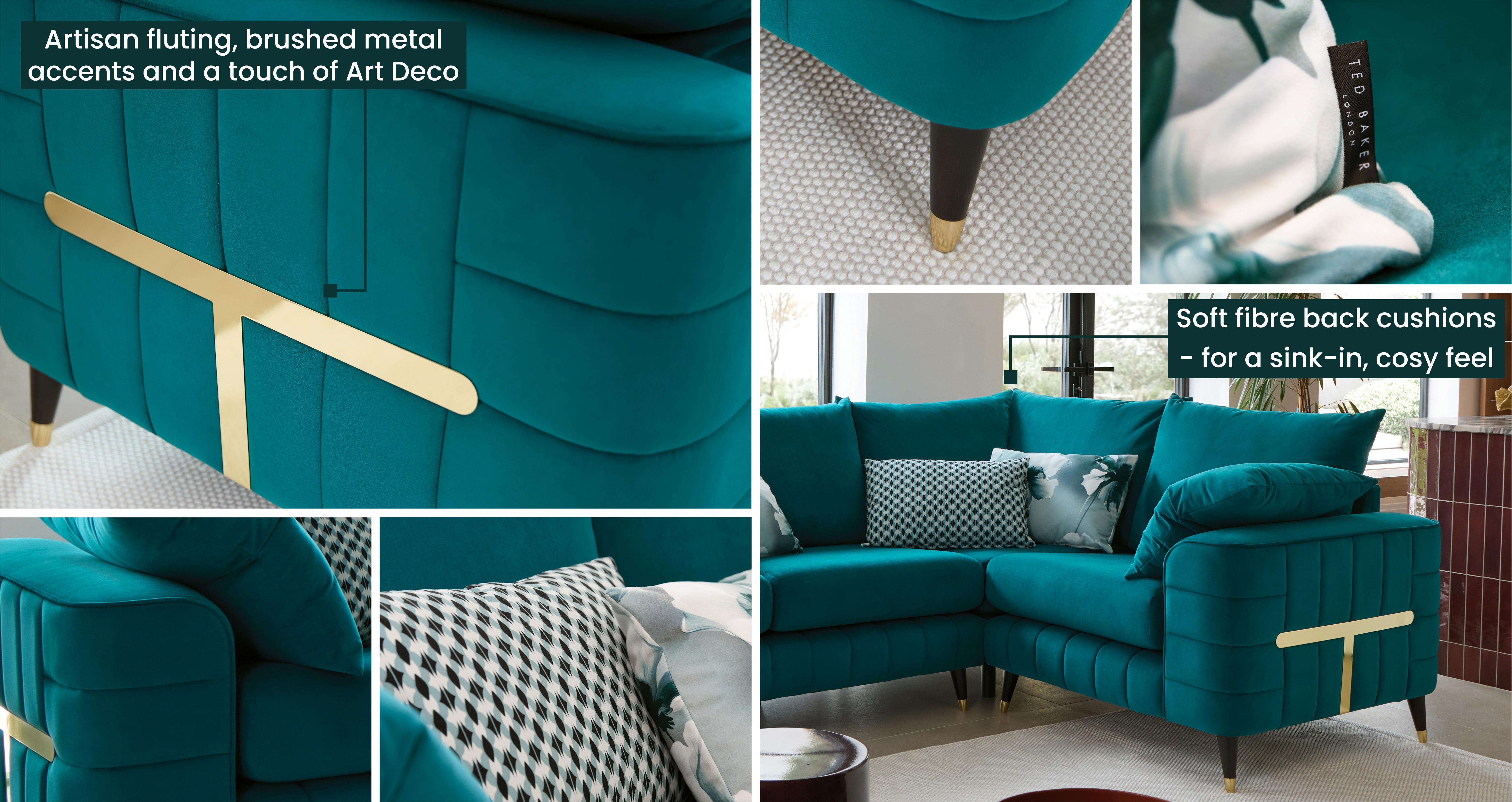Farringdon Left Hand Facing 3 Corner 1 with T-Bar Side in Farringdon Velvet Teal with Gold feet