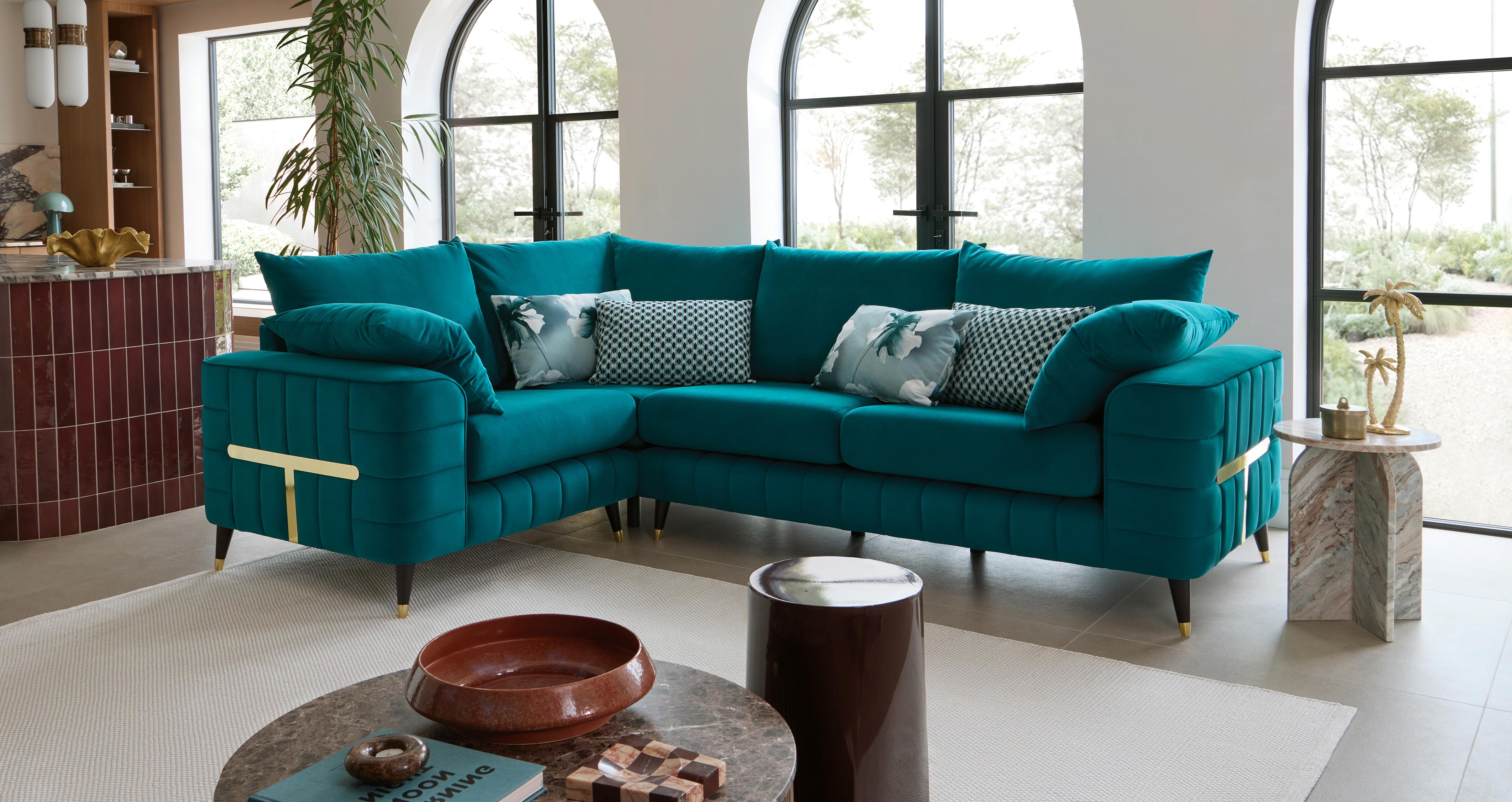 Farringdon Left Hand Facing 3 Corner 1 with T-Bar Side in Farringdon Velvet Teal with Gold feet